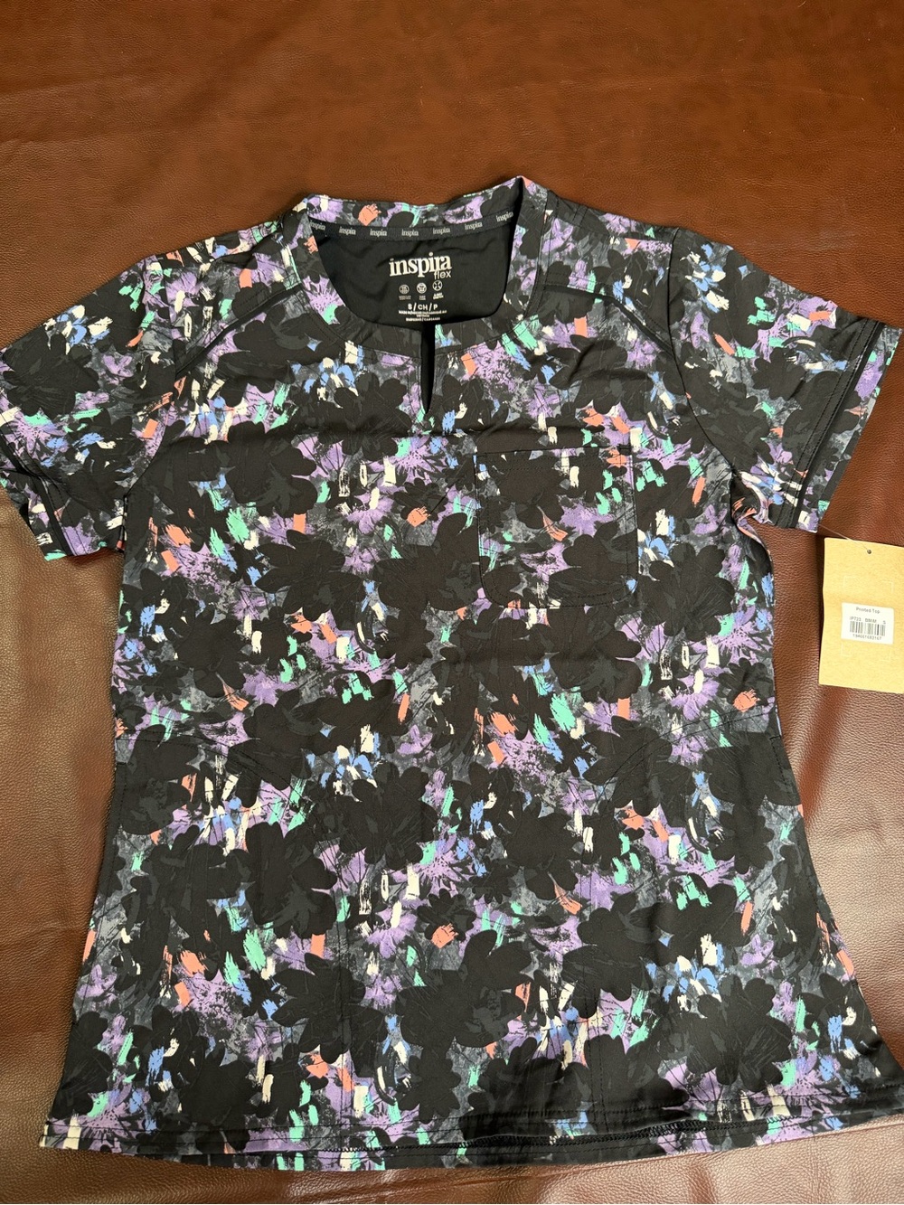 Women’s Black Floral Print Short Sleeve Scrub Top